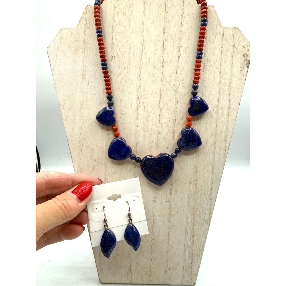 Jay King Red Coral & Lapis Lazuli Reversible Heart Necklace   & EARRINGS SET!